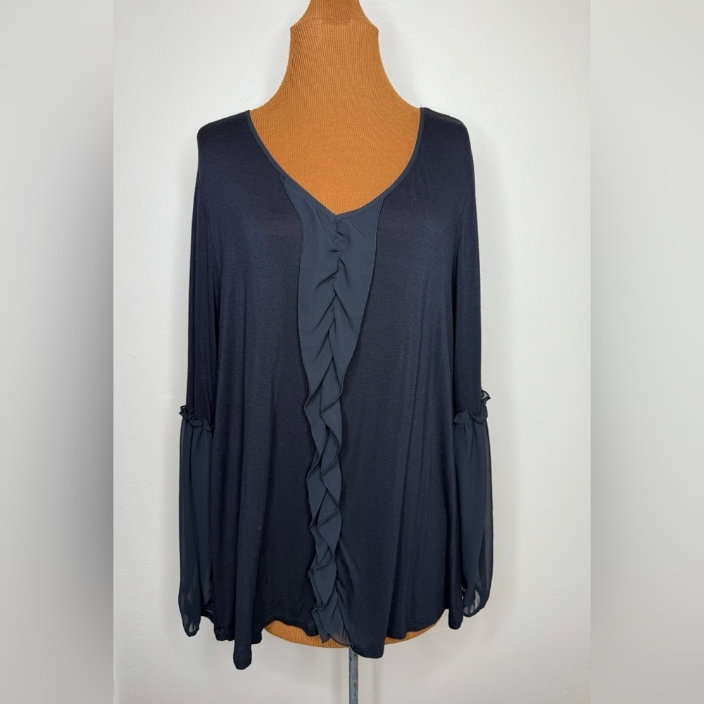 Lane Bryant Black Ruffle Front Sheer Sleeve Pullover Blouse Size 14/16